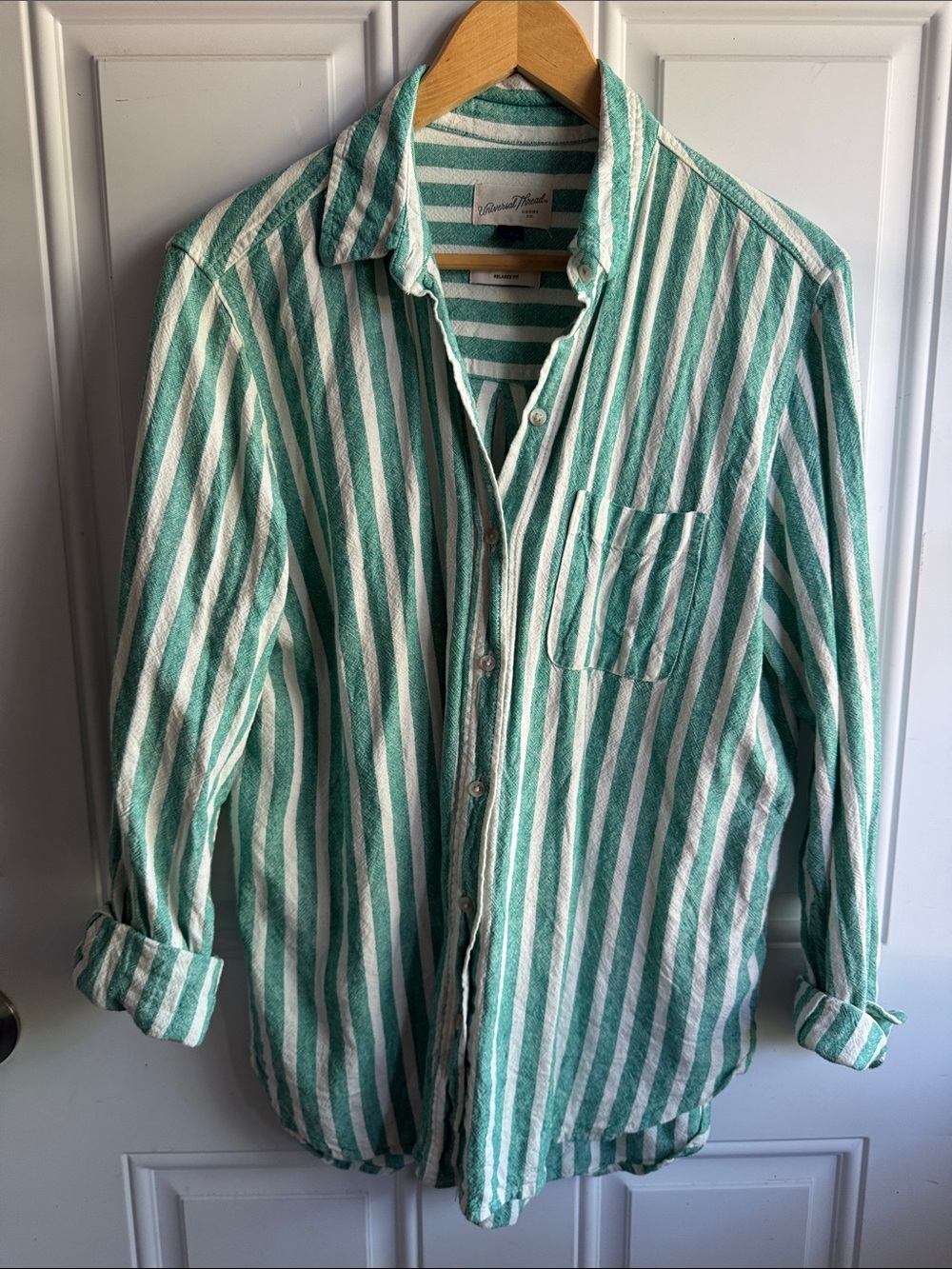 Striped Green and White Casual Button-Down Shirt -